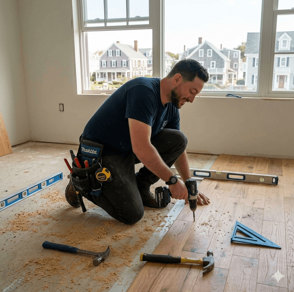 Tony Squillini on a job site, tool belt and level in hand, framing square and hammers laid out on the wood floor he is finishing. Anjo Services, LLC owner