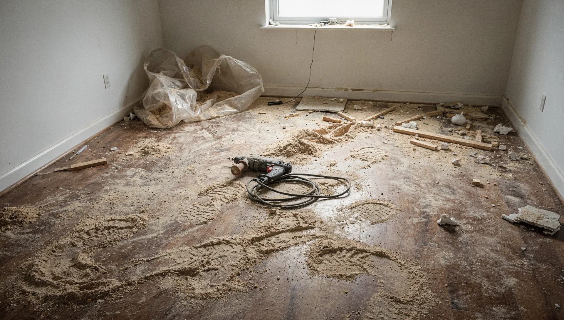 A residential room left covered in construction dust and debris with a stray tool.