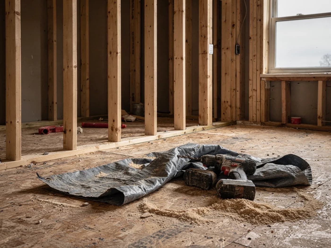 A half-framed interior wall with construction stopped mid-job, new studs open and a drill set down on the plywood subfloor.