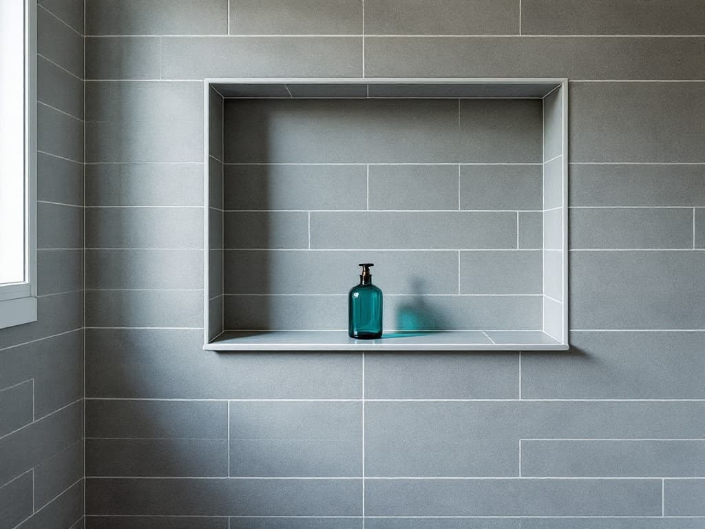A finished tiled shower wall in large-format porcelain with dead-straight grout lines, a recessed niche set level and a curb sloped to a linear drain.