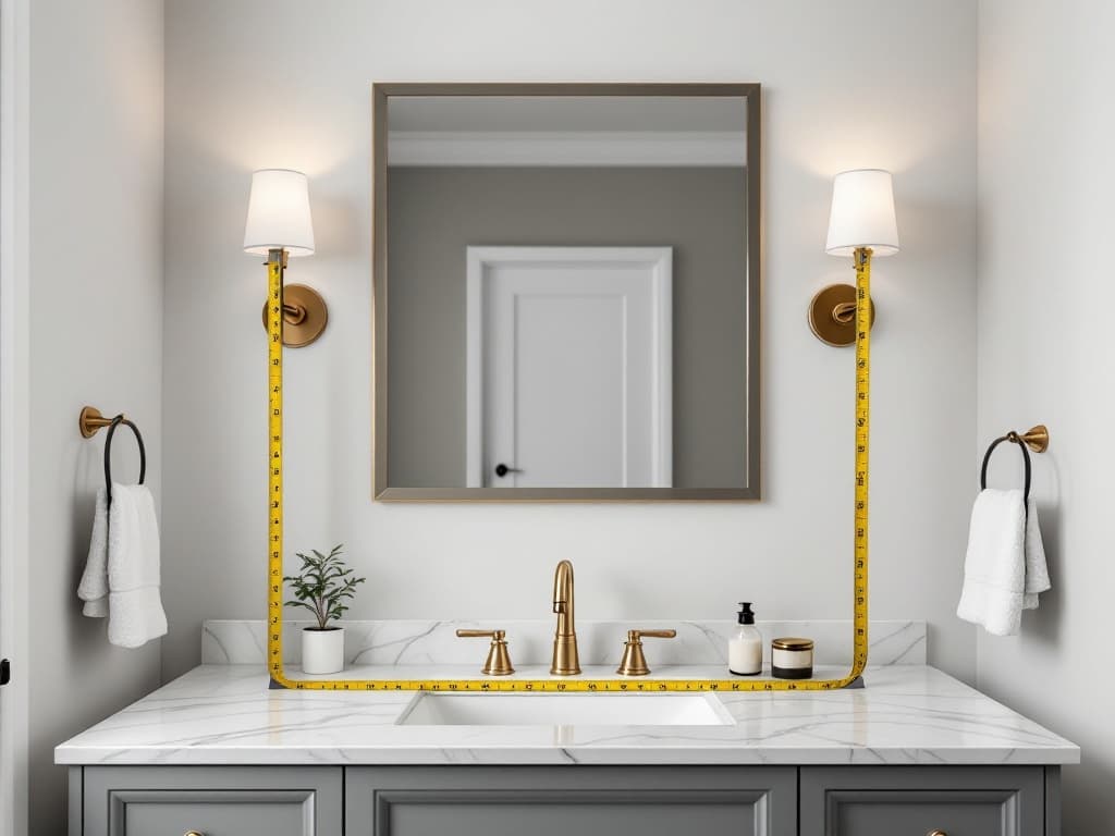A bathroom vanity with a mirror and two wall sconces aligned on one vertical centerline, the brass faucet centered in the sink.