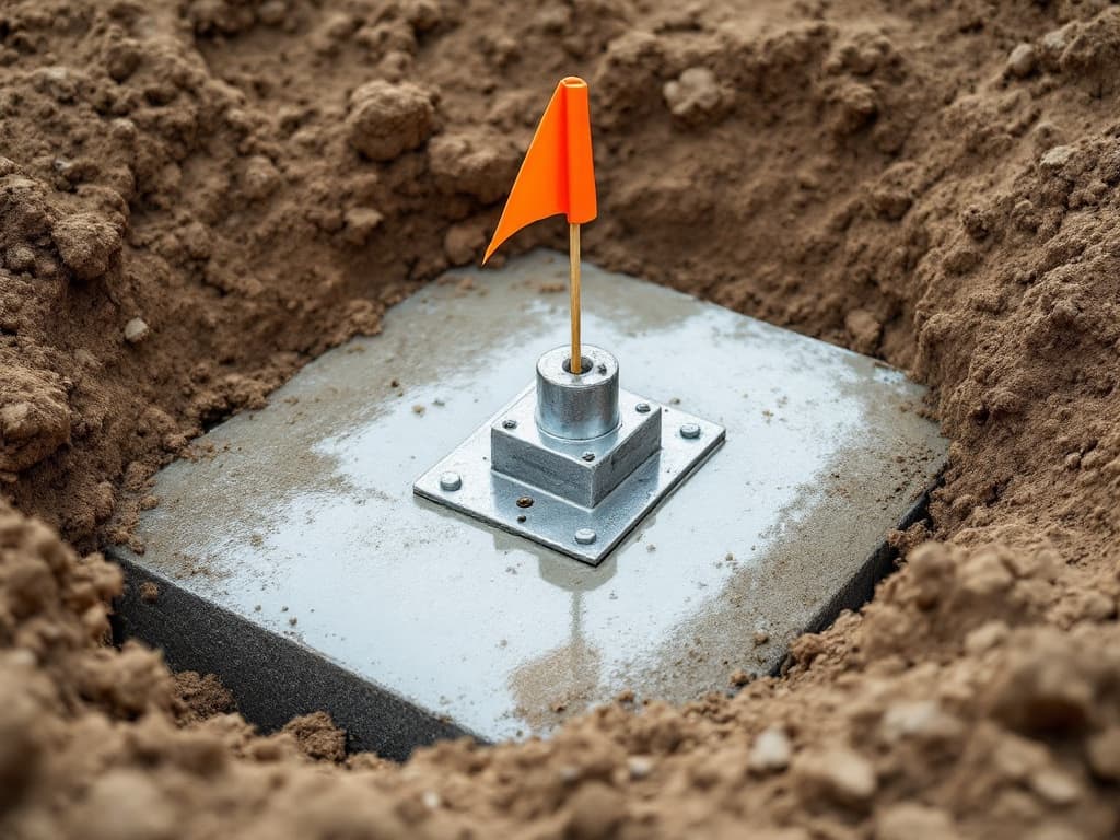 A freshly poured concrete deck footing in a dug hole with a galvanized post base anchor set in the wet top and an orange marking flag beside it.