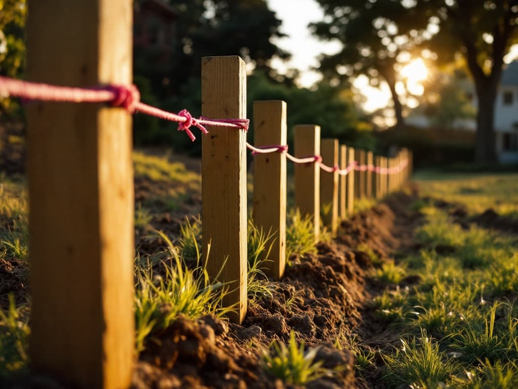 A low-angle view down a run of new 4x4 fence posts set in concrete on a sloping yard with a taut pink mason's string line and a post level strapped to one post.