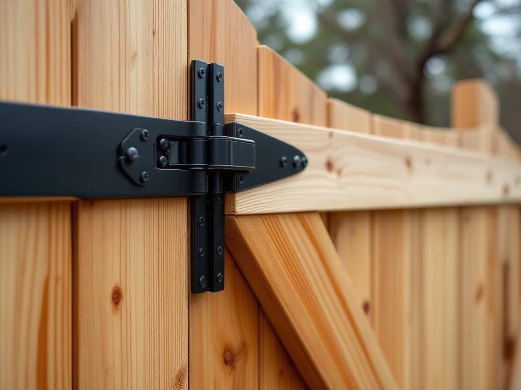 A cedar privacy gate hung in its opening with a diagonal brace, black self-closing hinge and gravity latch, the gap even along the post.