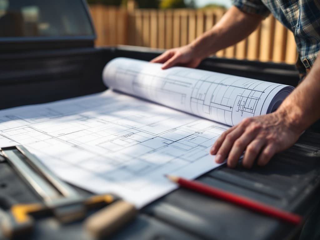 A contractor's hands unrolling a blank ruled plan sheet on a pickup truck tailgate with a red carpenter's pencil and a framing square, a fence line blurred behind.
