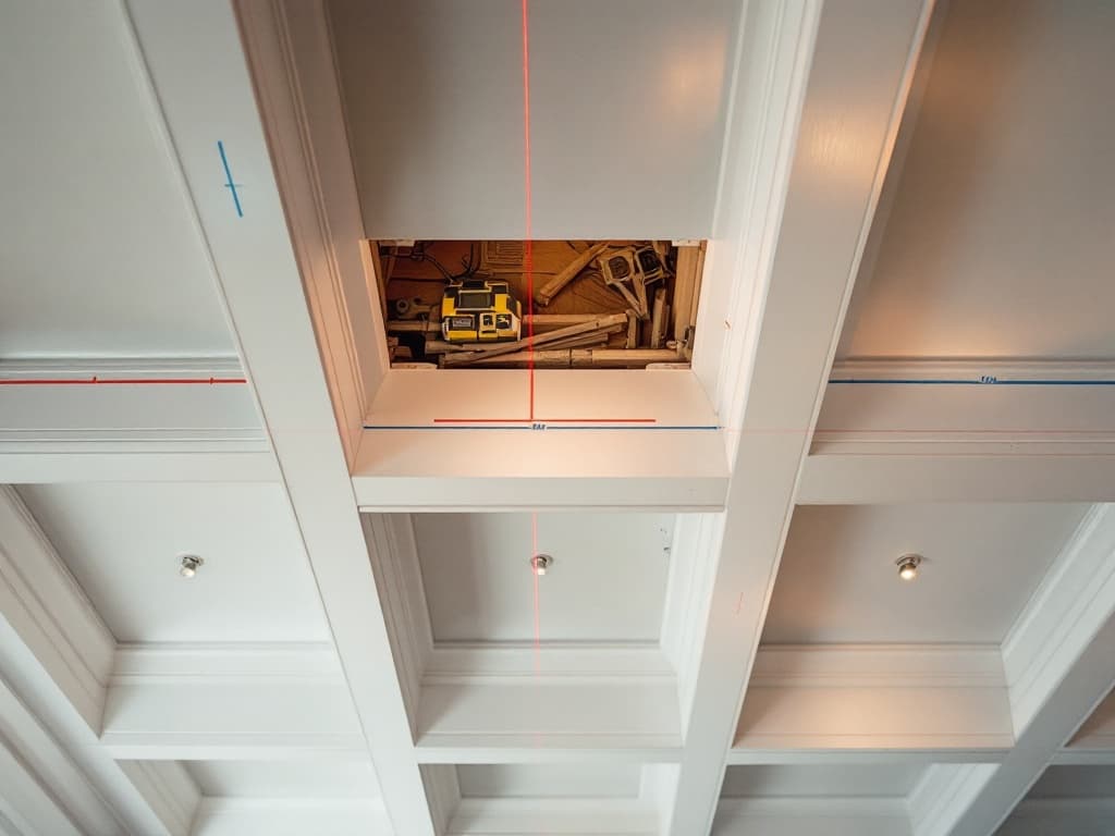 A coffered ceiling grid mid-install with tight mitered corners where painted beams meet, a red laser line crossing the white beams.