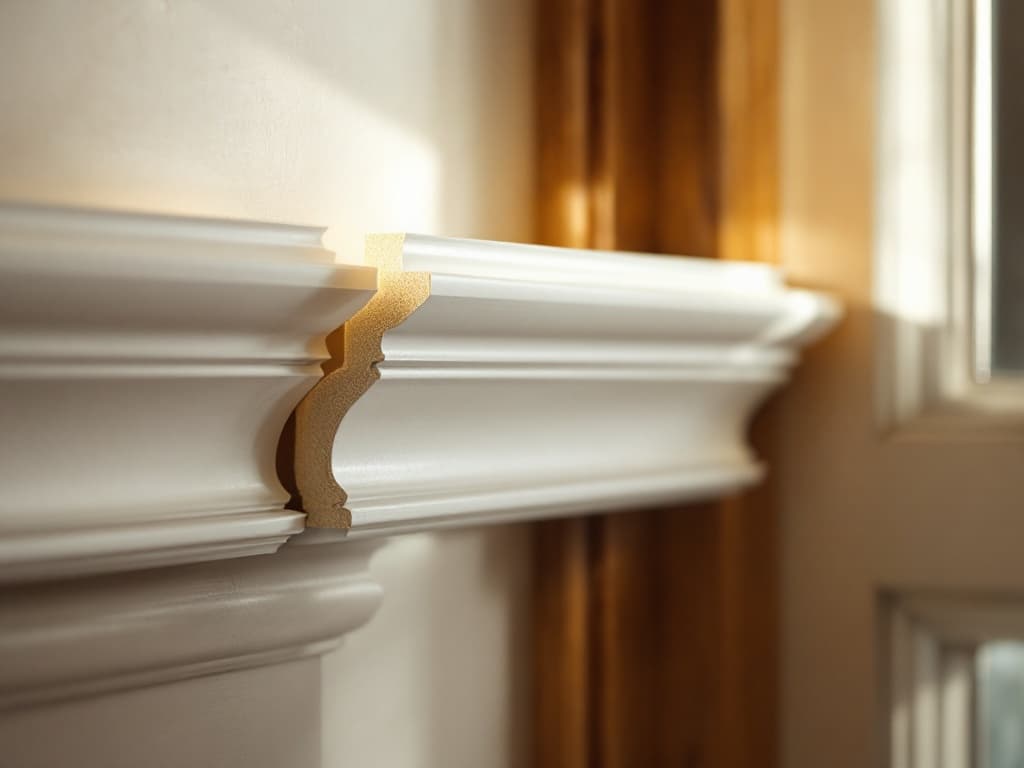 Two stacked crown molding profile samples held against an existing painted colonial door casing to match the ogee shadow lines.