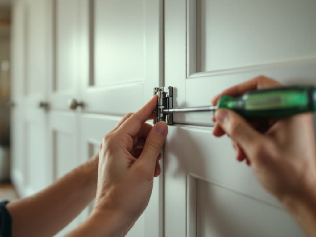 Hands adjusting a kitchen cabinet hinge so the door sits flush with the others, a green-handled screwdriver in hand and aligned cabinet doors behind.