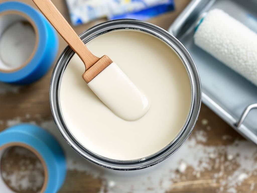 Overhead close-up of an open one-gallon paint can of fresh off-white paint with a wooden stir stick across it and a loaded roller sleeve in a tray beside it.