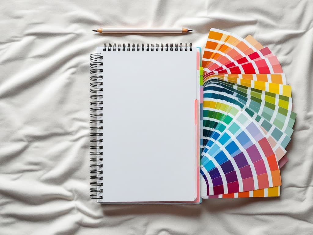 An overhead flat-lay on a canvas drop cloth of a spiral planner with colored index tabs, a fanned-out paint color deck and a pencil in morning light.