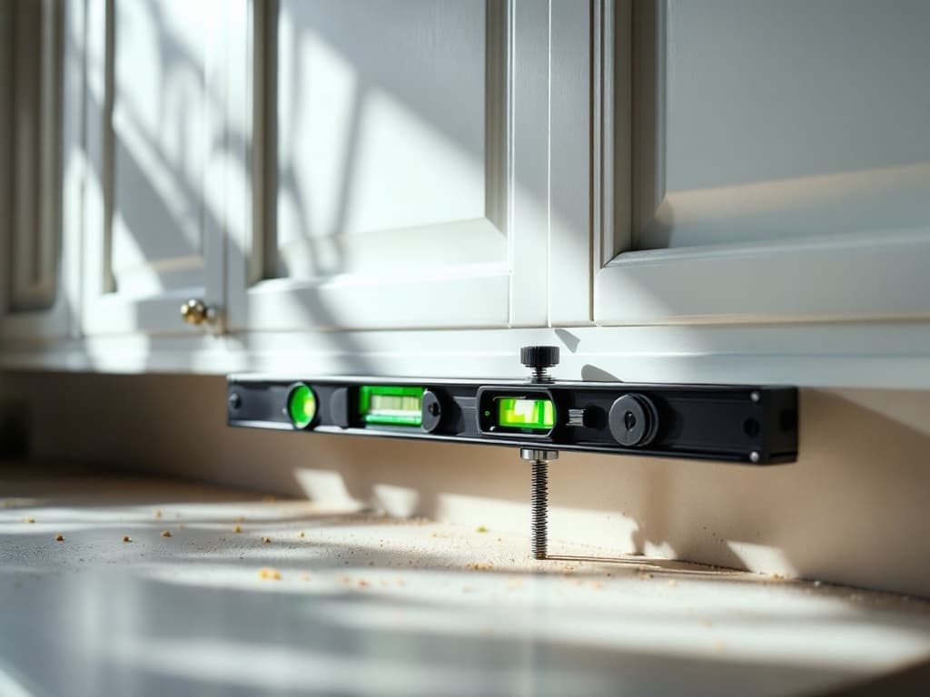 New shaker upper cabinets mounted on a kitchen wall with a torpedo level laid across the face frames and a cabinet clamp joining two stiles.