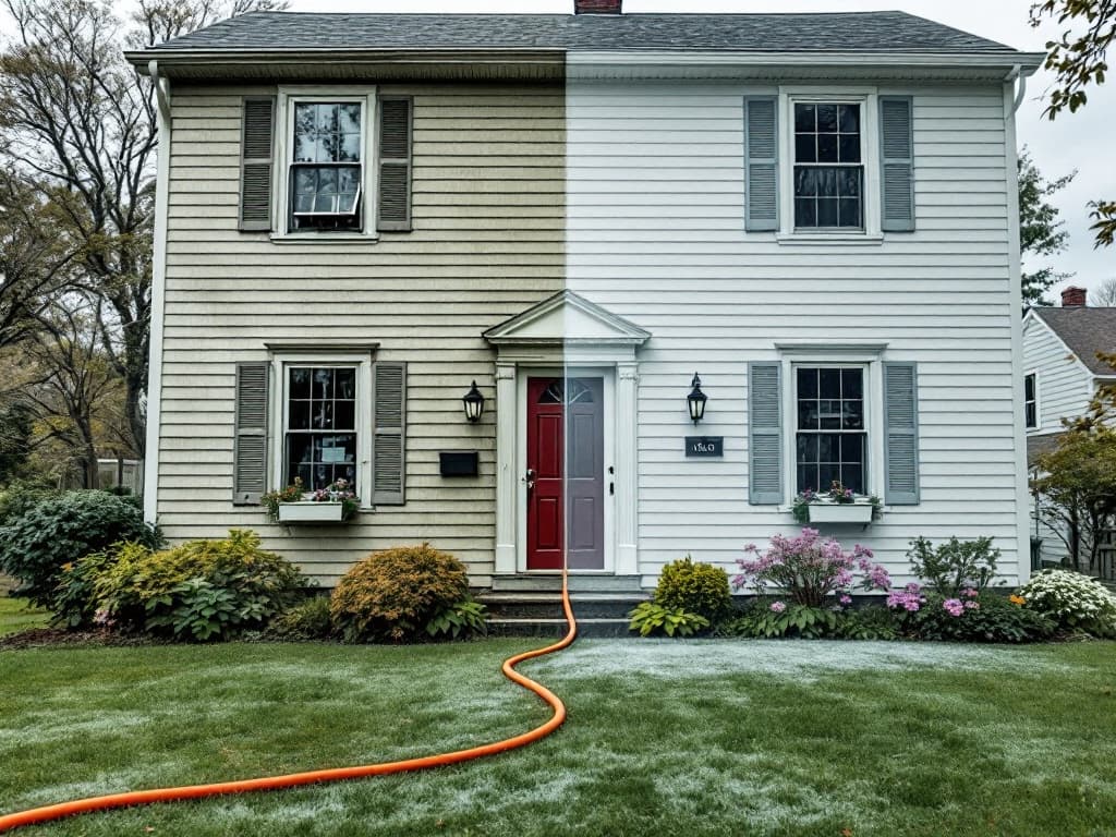 A two-story vinyl-sided house half cleaned, the washed section bright white next to a green-and-gray algae-streaked section, soft-wash rinse running down the wall.