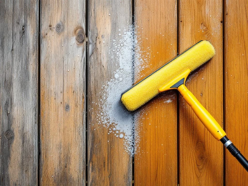 A pressure treated deck mid-clean, a bright tan cleaned board next to weathered gray boards, a fan-tip wand held at an even distance leaving no lap marks.