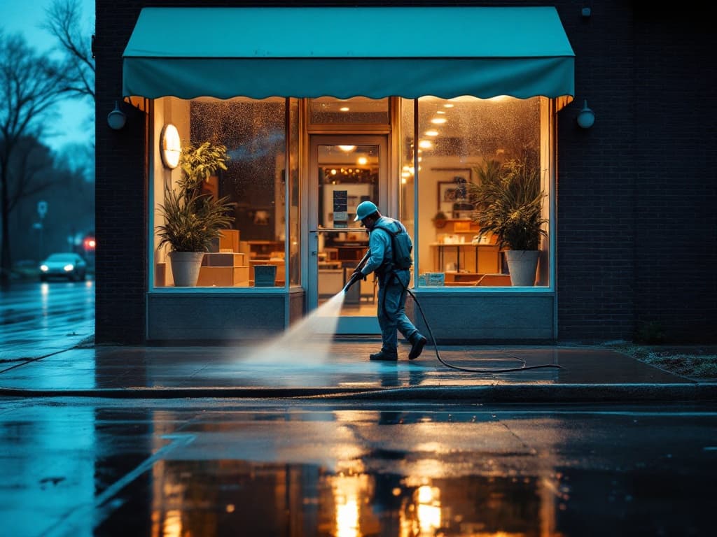 A commercial storefront sidewalk and glass entryway being pressure washed at dawn, wet clean concrete reflecting the building, gum stains lifting from the walkway.