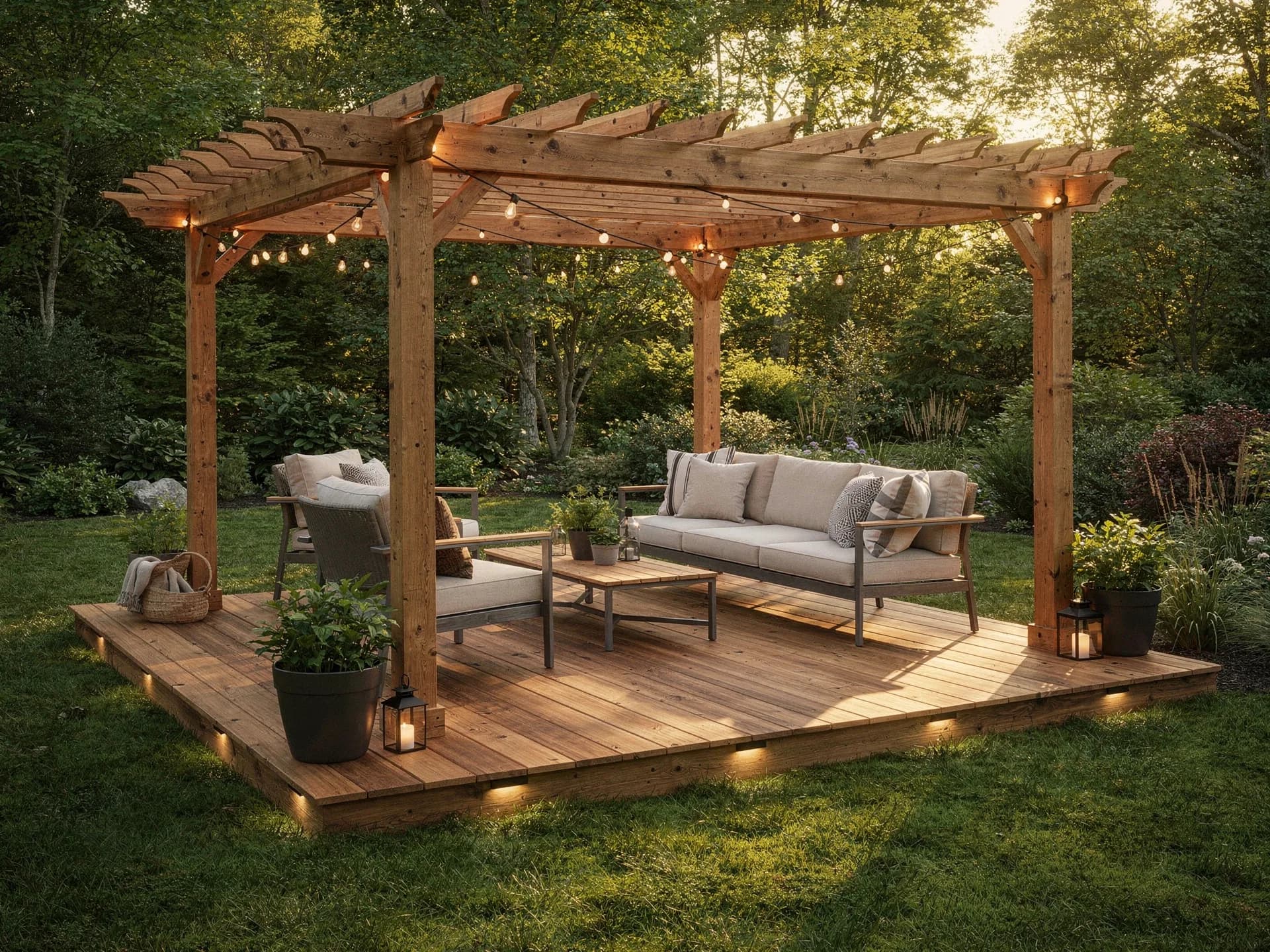 A cedar deck and pergola under construction in a New England backyard, circular saw and framing square on the fresh decking boards.