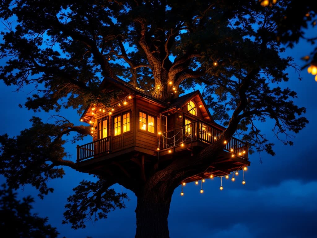 An elaborate custom cedar treehouse with a real window and warm interior lighting, built into a mature backyard oak.