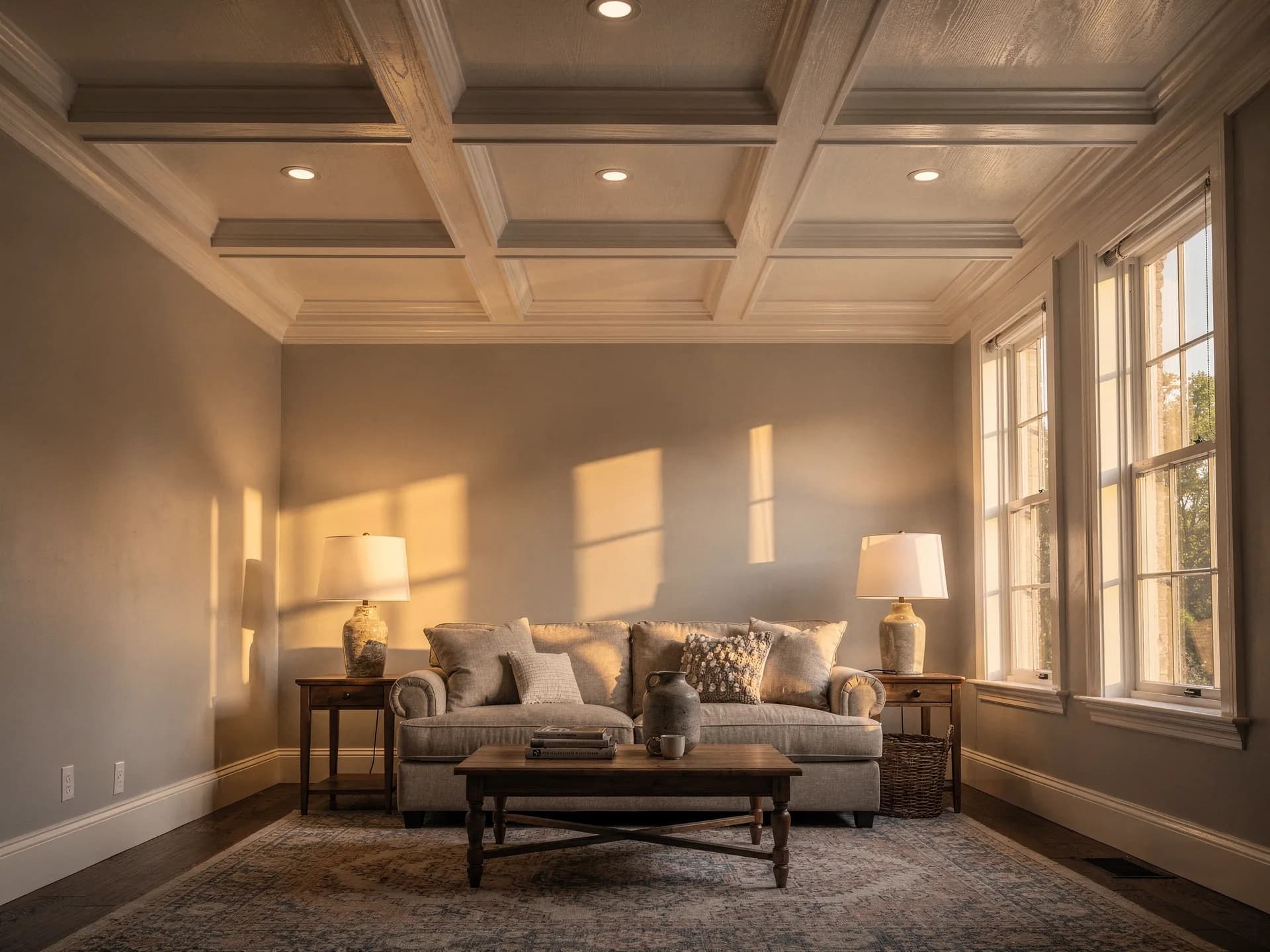 A freshly built white coffered ceiling and panel grid in a New England colonial, finish nailer and level resting on a sawhorse below.