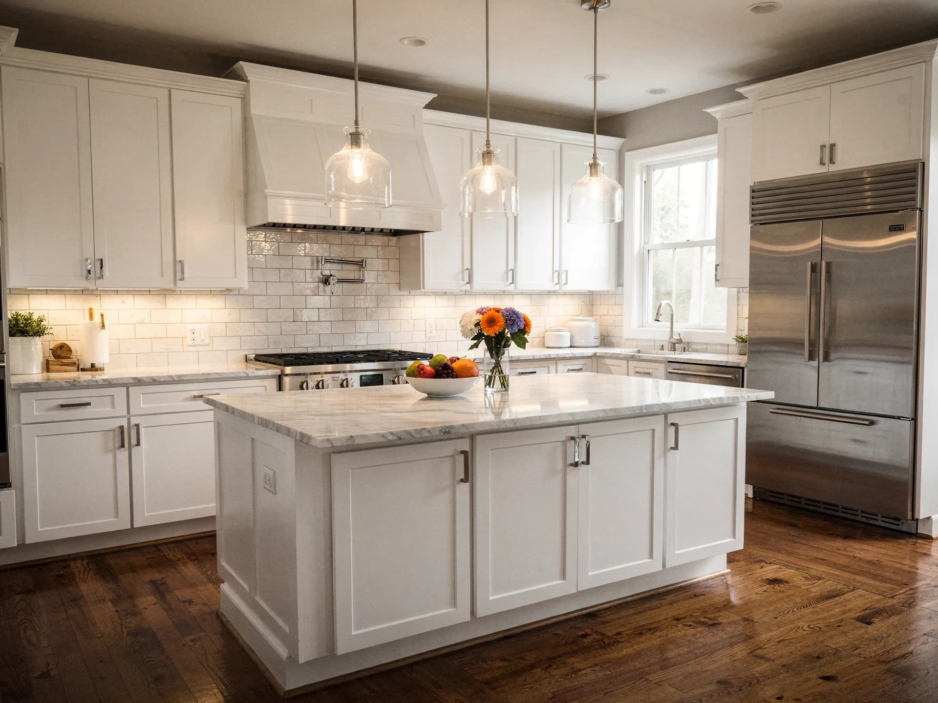 New shaker cabinets being set during a New England kitchen remodel, blue painter's tape and a cordless drill on the fresh countertop.