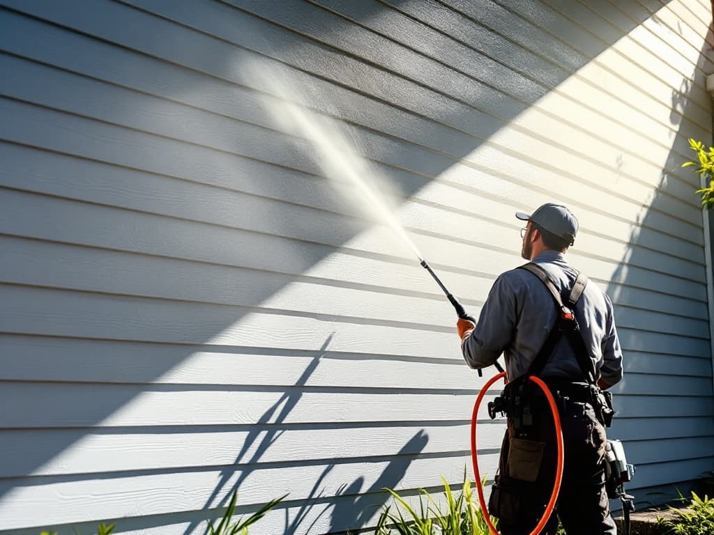 A contractor soft-washing green algae off vinyl siding on a New England colonial, a clean stripe emerging behind the wand.