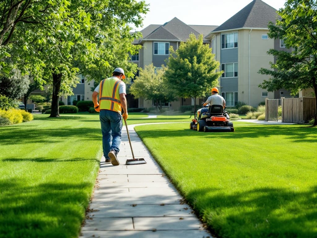 A maintenance crew tending a condo complex courtyard, mower and tool cart near a clean pool deck in the background.