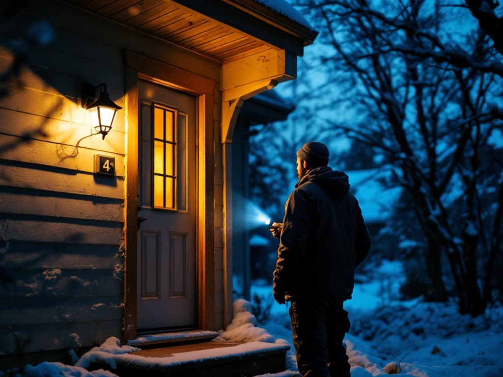A contractor checking a thermostat and water shutoff inside a quiet, closed-up home during a winter property-watch visit.